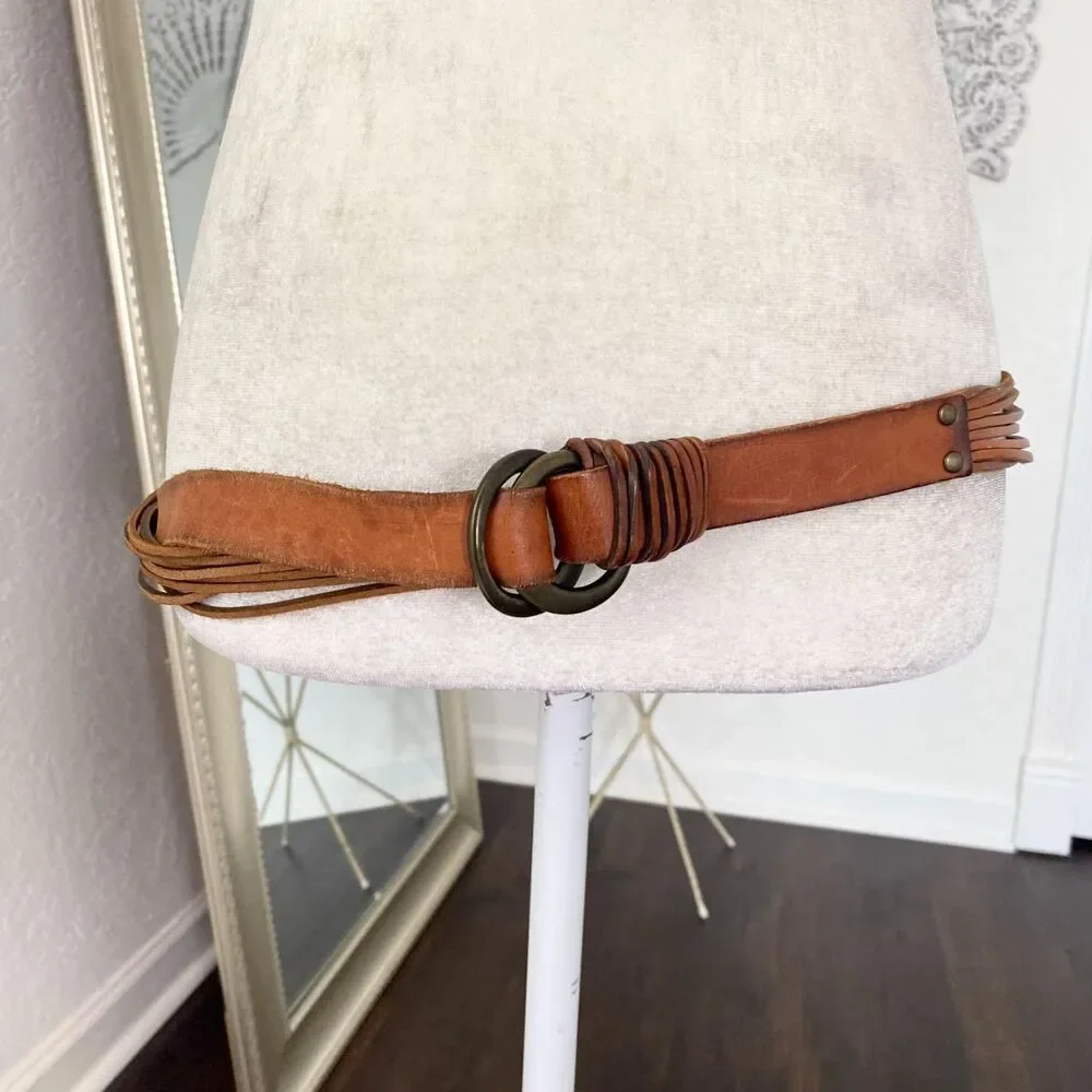 Brown Slim String Boho Leather Waist Belt Double Clasp Ring XL 48